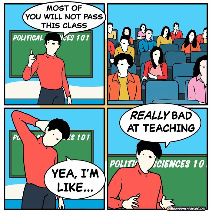 Comic of a teacher in class with a humorous twist ending, featuring students in a lecture setting by Miles Erickson.