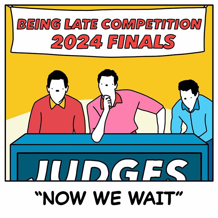 Judges at a "Being Late Competition" finals with humorous caption, reflecting bold comic style.