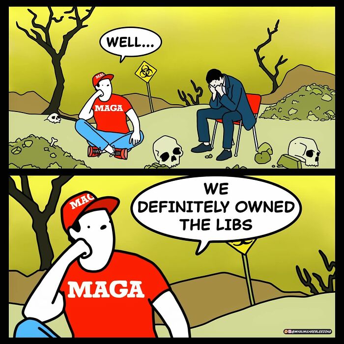 Comic with twisted ending by Miles Erickson: person in MAGA hat speaking in a post-apocalyptic setting.