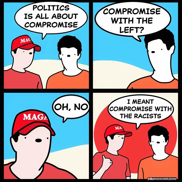 Bold comic illustration with a twisted ending by Miles Erickson, featuring a humorous political conversation.