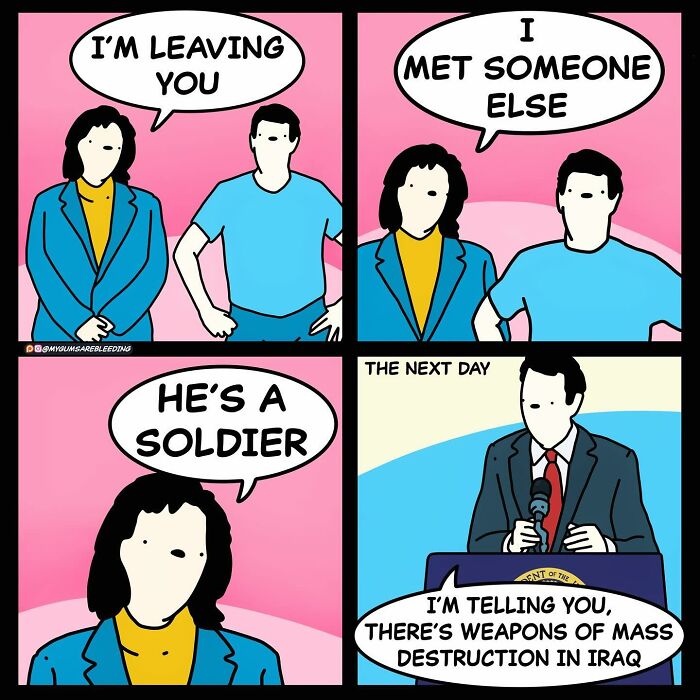 Comic depicting a breakup with a twist, involving a soldier and a government speech, by Miles Erickson.