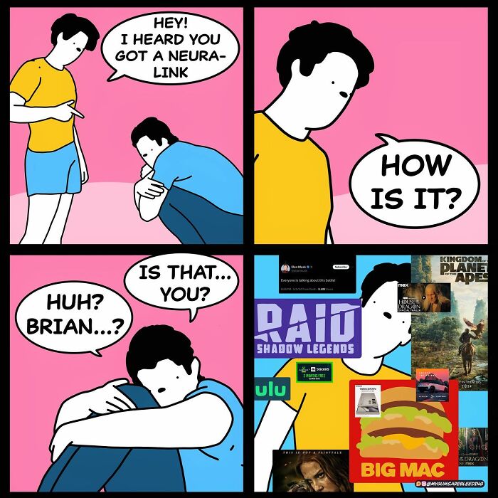 Comic by Miles Erickson showing a humorous encounter about a Neuralink implant with a surprising twist.