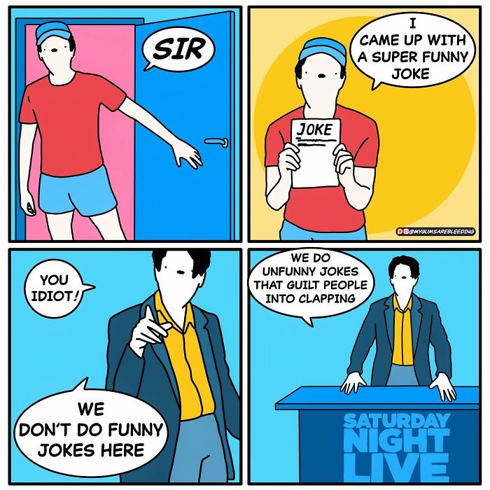 Comic by Miles Erickson with a character discussing the type of jokes used on a Saturday night show.