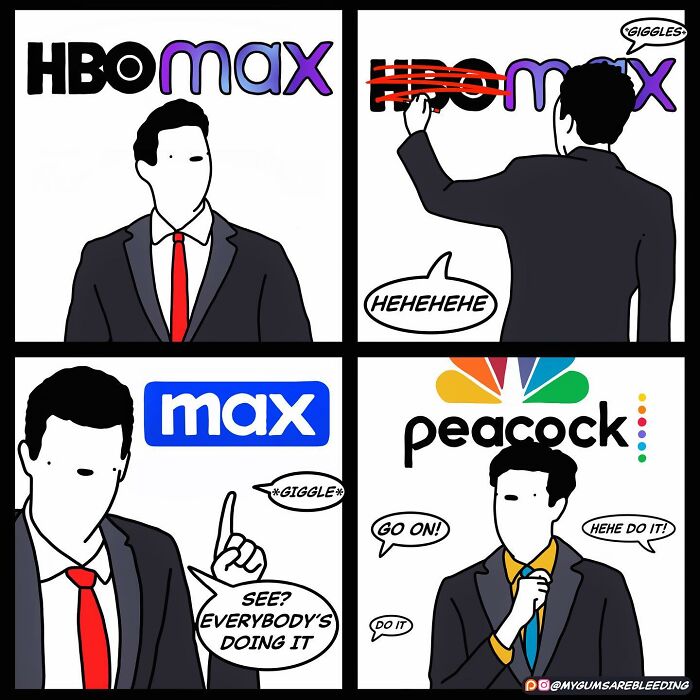 Bold comic by Miles Erickson with characters in suits humorously renaming streaming services like HBO Max and Peacock.