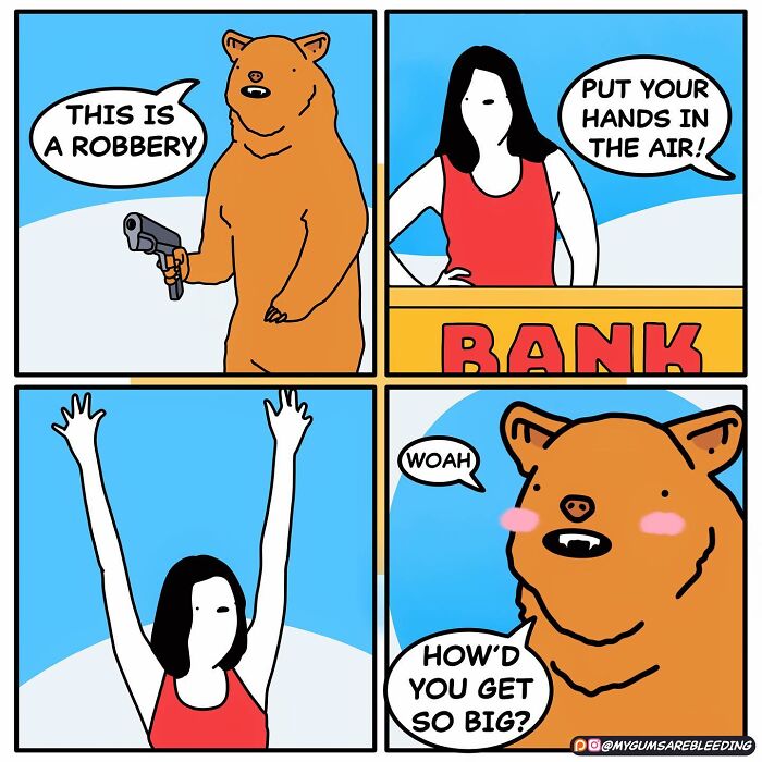 Bear attempts bank robbery in bold comic by Miles Erickson, woman raises hands, surprising twist ending.
