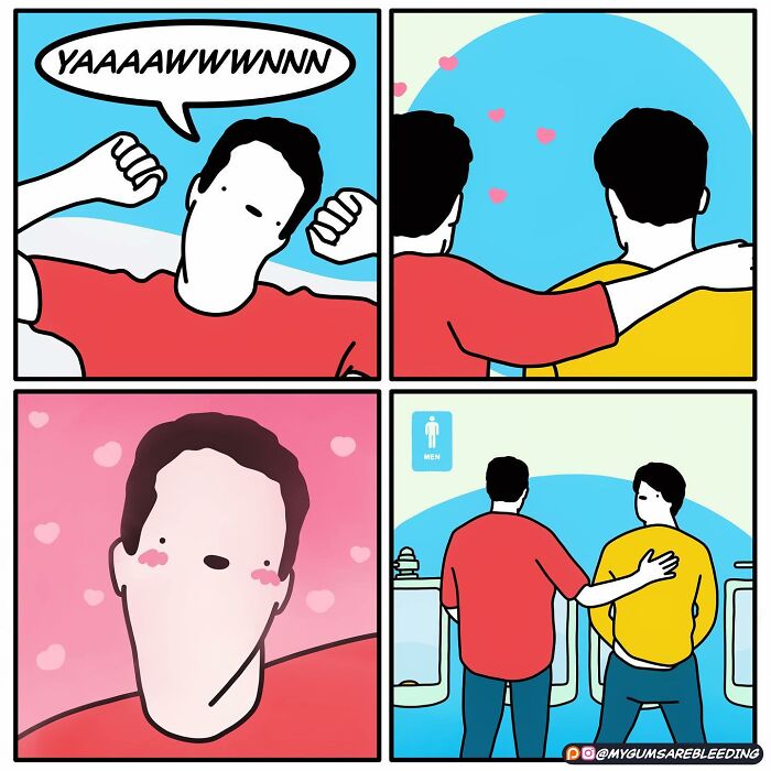 Bold comic with a funny twist by Miles Erickson: two men in a humorous bathroom setting share an awkward moment.