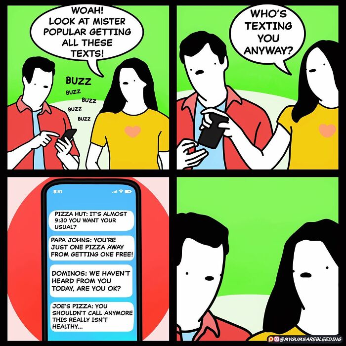 Two people looking at a phone receiving humorous texts from pizza chains in a bold comic.