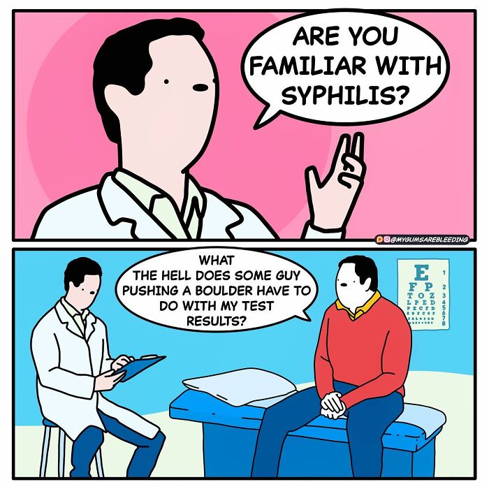 Comic by Miles Erickson with a doctor and patient discussing test results with a humorous twist.