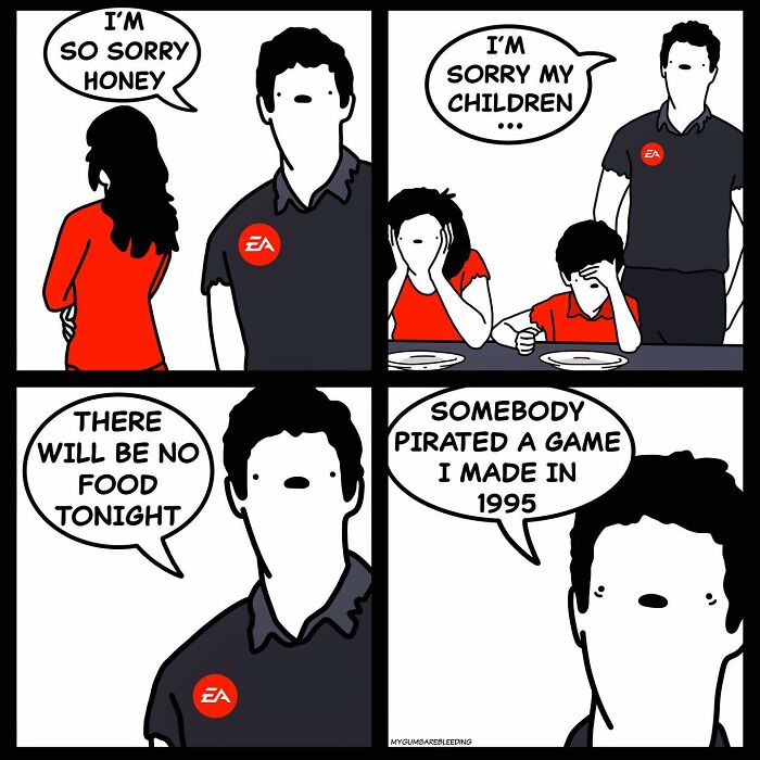 Comic with a twist by Miles Erickson, featuring a character with an EA logo discussing game piracy and lack of food.