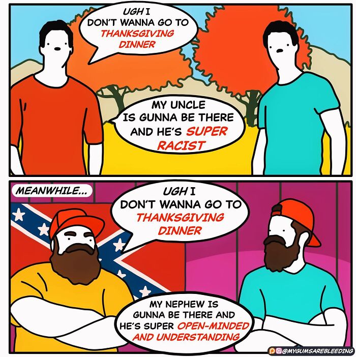 Bold comic shows contrasting views on Thanksgiving dinner with a humorous twist.