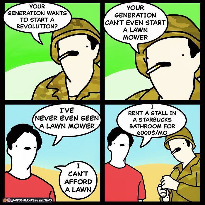Comic by Miles Erickson: A soldier and a young person discuss lawn care and high living costs in a humorous exchange.