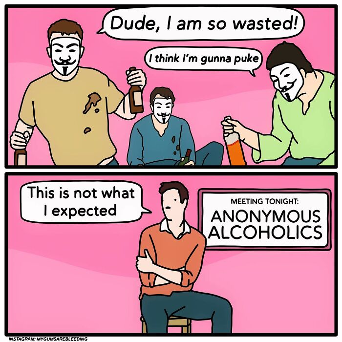 Bold comic by Miles Erickson showing a surprise ending at an Alcoholics Anonymous meeting.