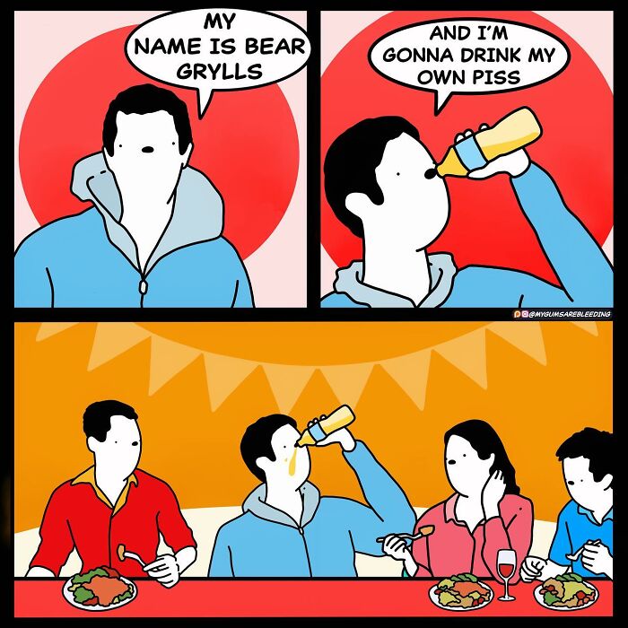 Comic illustration with bold and twisted ending, featuring a person introducing themselves and making an unexpected choice.