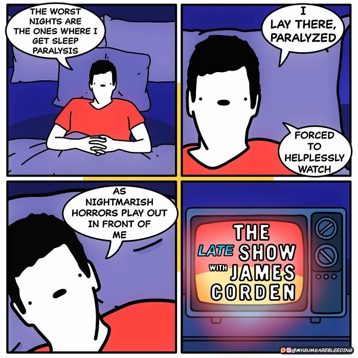 Comic strip by Miles Erickson showing a person experiencing sleep paralysis, ending with a TV showing "The Late Show with James Corden".