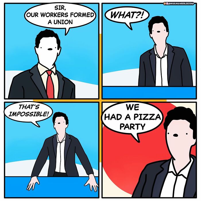 Bold comic strip by Miles Erickson with a twist ending about workers forming a union despite a pizza party.