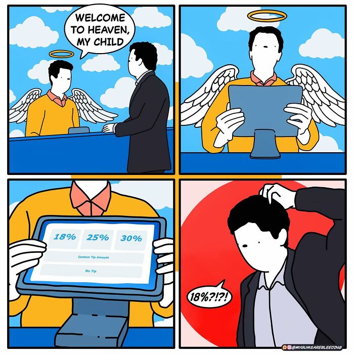 Comic by Miles Erickson: Angel offers tip options in heaven, person shocked at choices. Hilarious and twisted ending.