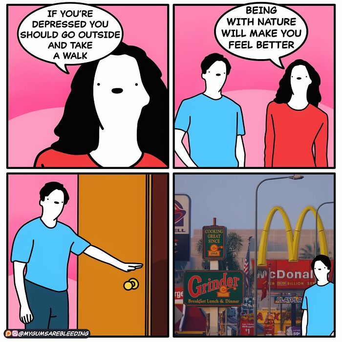 Comic strip with a humorous twist by Miles Erickson: a walk in nature leads to fast-food signs.