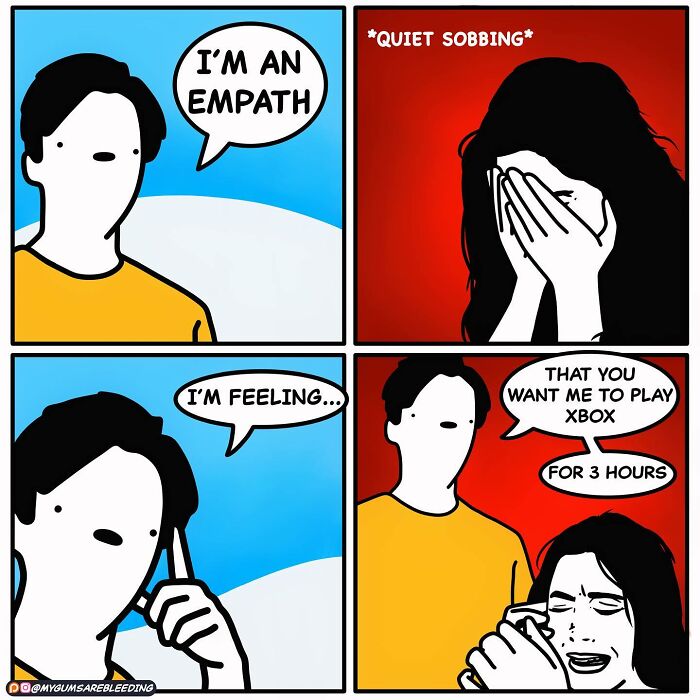 Comic strip by Miles Erickson featuring an empath interpreting sobbing as a wish to play Xbox for 3 hours.