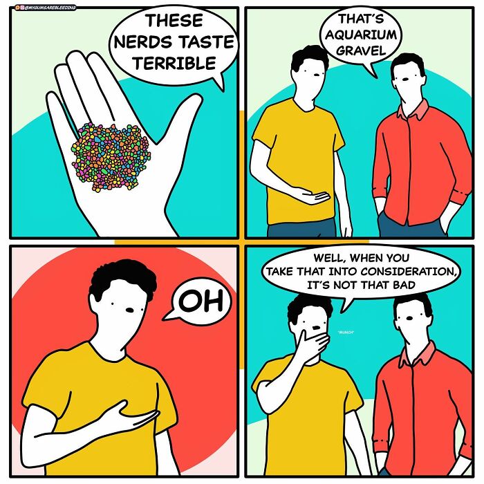 Bold comic with a twisted ending: a character mistakenly eats aquarium gravel, thinking it's candy.