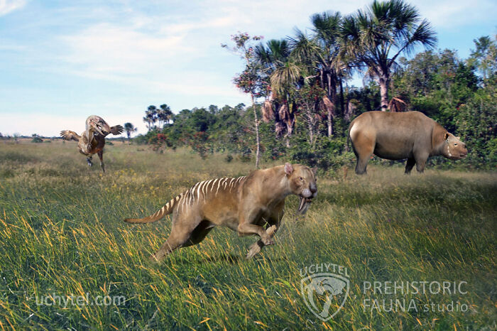 Prehistoric fauna recreated by a paleoartist, featuring ancient creatures in a lush landscape.