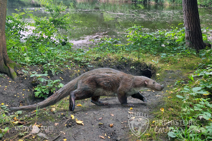Paleoartist rendition of prehistoric fauna by a riverbank, featuring an ancient creature in a lush forest setting.