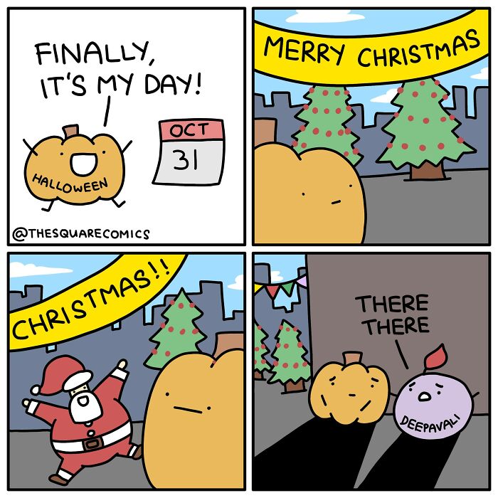 Humorous comic with dark twists showing a pumpkin overshadowed by Christmas and comforted by Deepavali.
