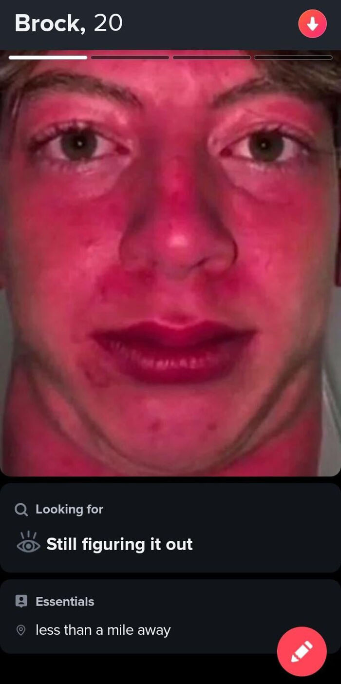 A Tinder profile featuring Brock, 20, with the caption "Still figuring it out."