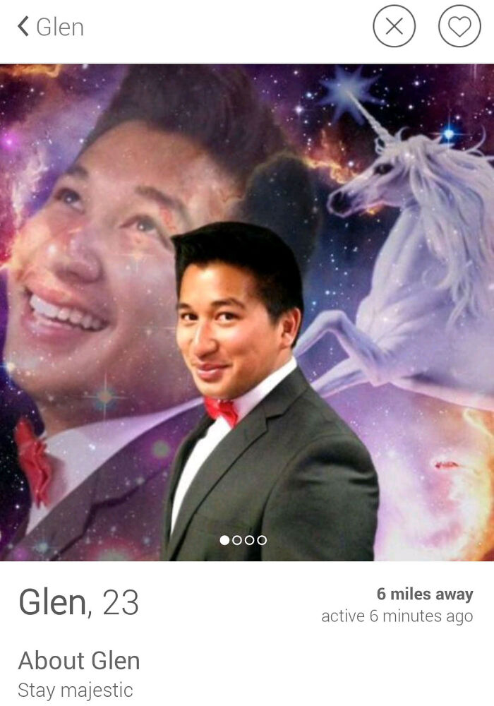 Glen's creative Tinder profile featuring a whimsical cosmic background with a unicorn.