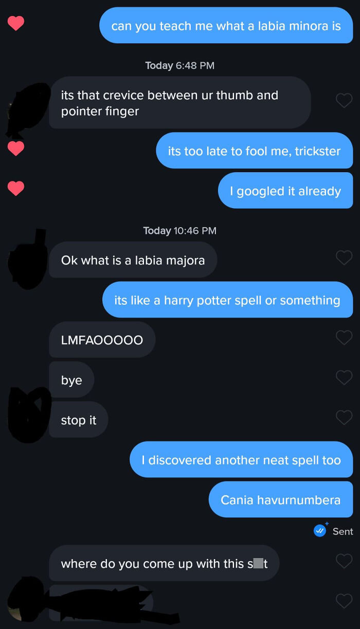 Humorous Tinder post with playful banter about anatomy and fictional spells.