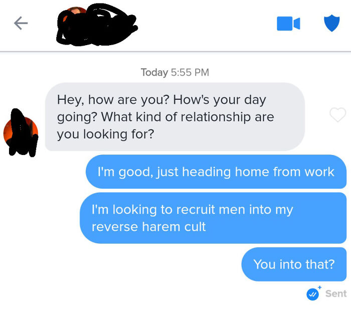 Humorous Tinder post with funny chat about recruiting for a reverse harem cult.