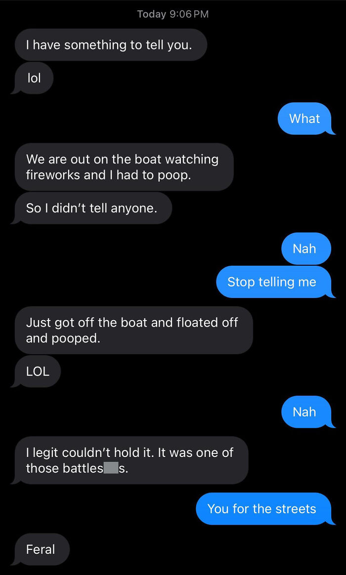 Humorous Tinder post featuring a funny text exchange about a pooping incident during fireworks.