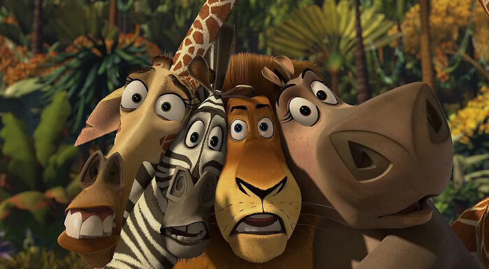 Animated animals looking surprised in a jungle setting.