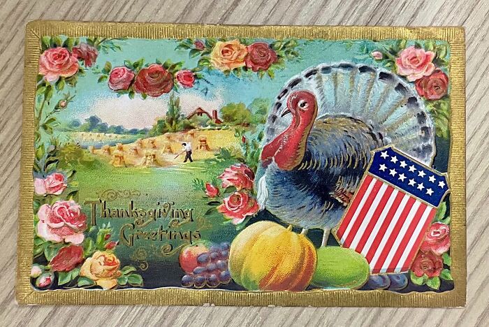 Holiday Postcard Of The Day. A Patriotic Turkey Sends Thanksgiving Greeting. Why? I Don't Know, He's Just Going To Be Dinner Soon