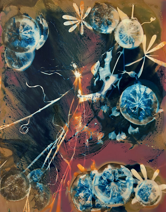 Abstract artwork by Carolyn Moore with floral and circular patterns in blue and orange tones.