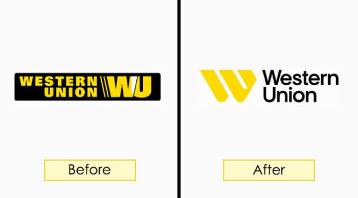 Western Union brand redesign comparison: old logo on left, new logo on right.