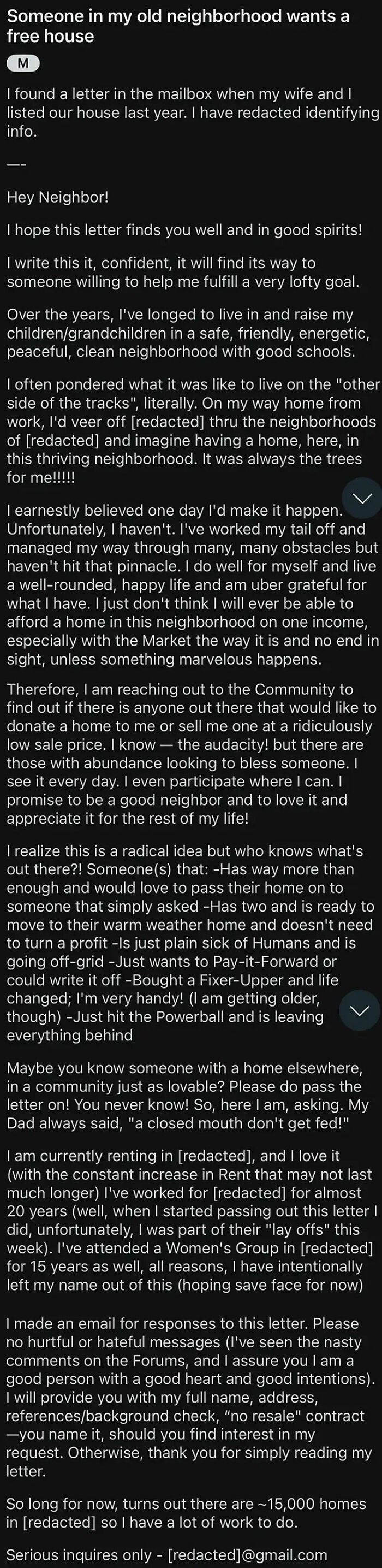 Text of a letter with entitled people requests for a free house in a desirable neighborhood.