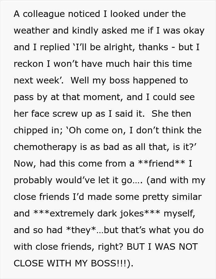 Text about a boss telling an employee their chemotherapy "isn't bad," creating office tension. Text about a boss telling an employee their chemotherapy "isn't bad," creating office tension.