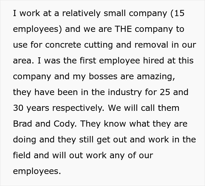 Text about a small company's experienced leaders focusing on concrete work, highlighting working-too-fast issues. Text about a small company's experienced leaders focusing on concrete work, highlighting working-too-fast issues.