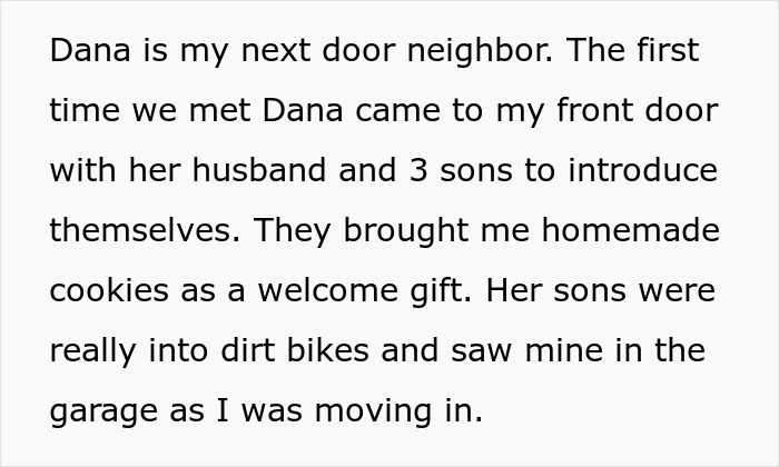 Text about a neighbor introducing her family and giving homemade cookies as a welcome gift.