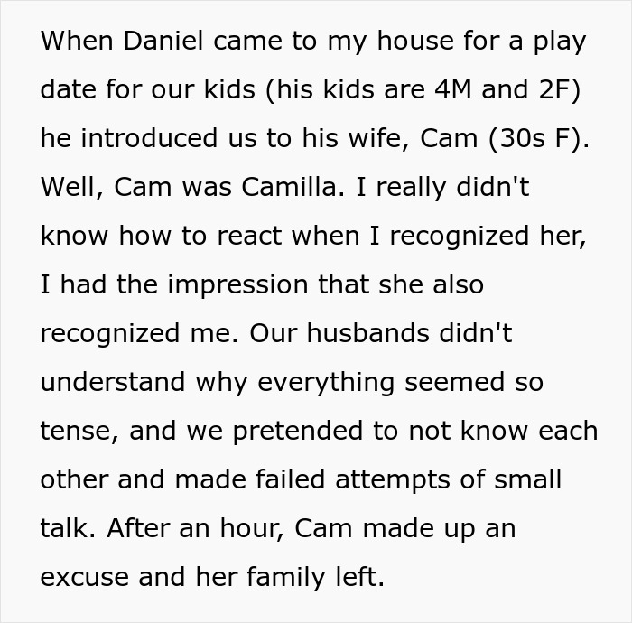 Text about a woman's encounter with her husband's affair partner, highlighting past infidelity exposure.