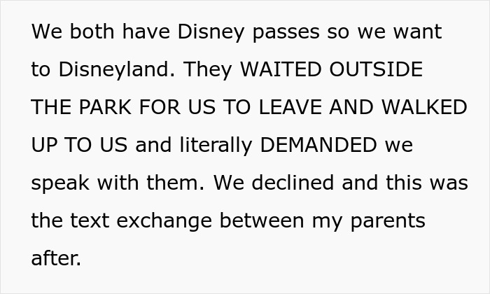 Text recounting parents waiting outside Disneyland to speak with their children, indicating a tense interaction. Text recounting parents waiting outside Disneyland to speak with their children, indicating a tense interaction.