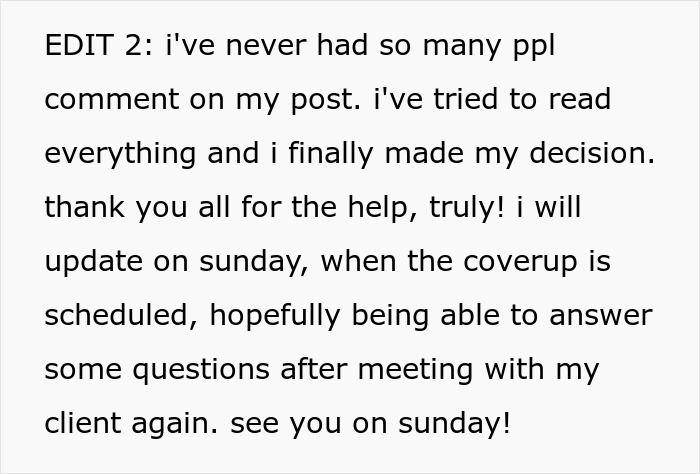 Text reads a woman's decision about her first tattoo mistake and plans for a cover-up.