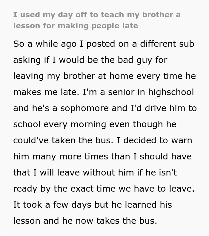 Bro&rsquo;s Chronic Lateness Affects Whole Family, Livid Sibling Decides To Do The Same To Him