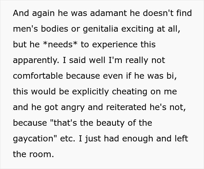 Text about husband's gaycation request causing wife distress and shock over the need for experience.