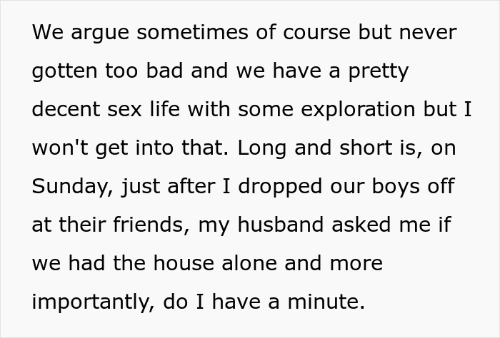 Text excerpt about a couple's conversation including a husband's unexpected request for a "gaycation.
