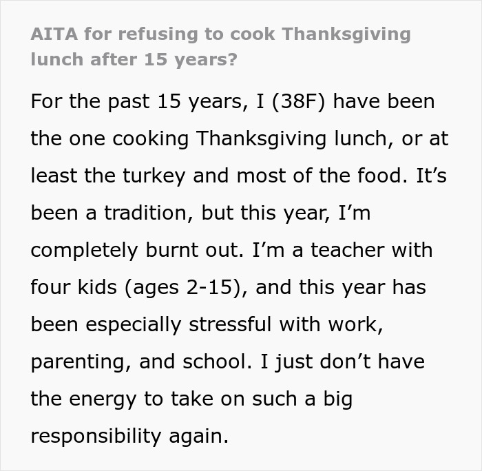 Burned-Out Woman Asks For Advice After Refusing To Cook Thanksgiving Lunch After 15 Years