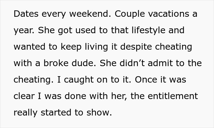 Text screenshot discussing a woman's entitlement after cheating is revealed. Text screenshot discussing a woman's entitlement after cheating is revealed.