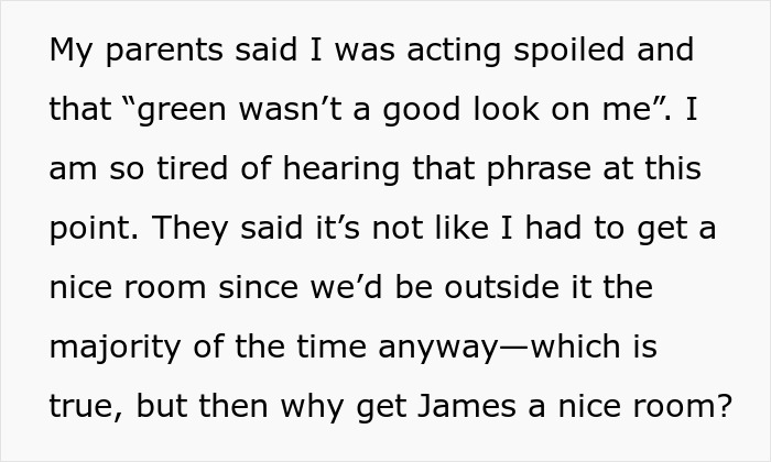 Text about a woman canceling a last-minute family cruise due to unfair treatment regarding room assignments. Text about a woman canceling a last-minute family cruise due to unfair treatment regarding room assignments.