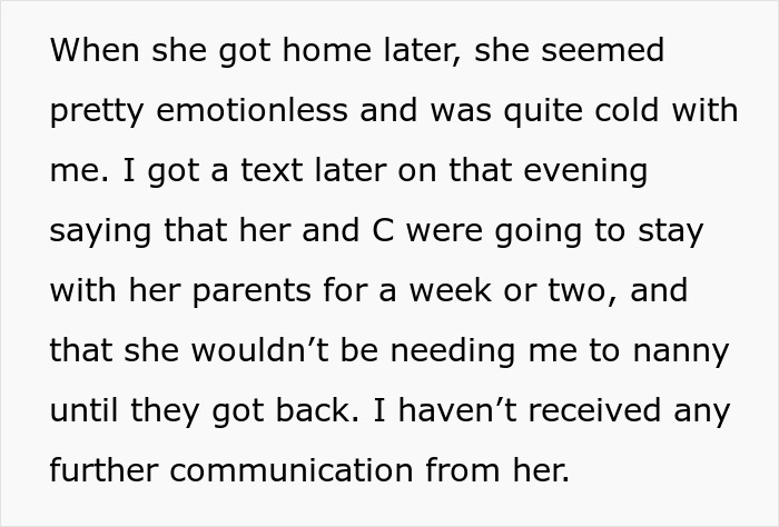 Text screenshot about a nanny discussing a lack of communication after revealing a husband&rsquo;s affair.