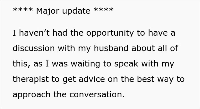 Text update about a wife's consultation with a therapist regarding a conversation with her hypocritical husband. Text update about a wife's consultation with a therapist regarding a conversation with her hypocritical husband.